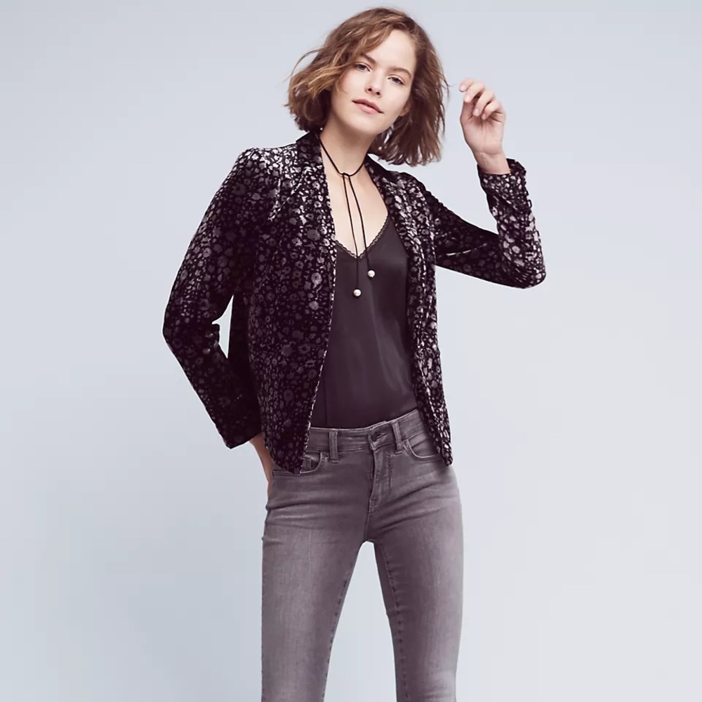 Anthro Elevenses Floral Velvet Blazer Jacket Coat - Picture 5 of 12